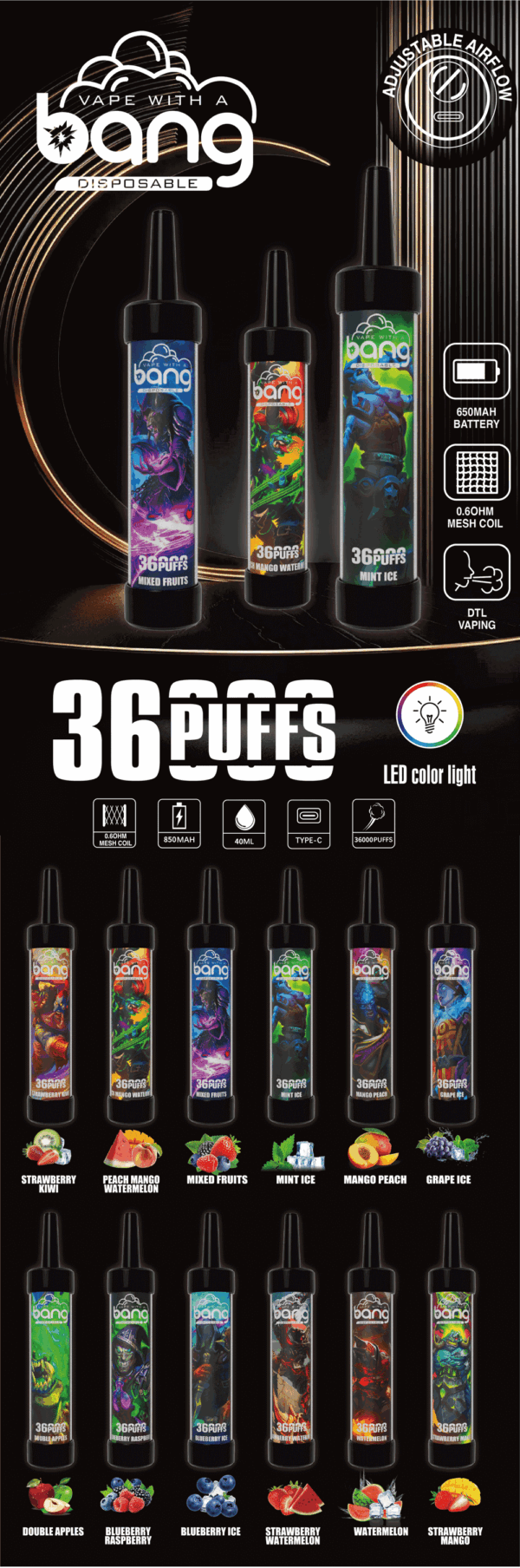 Buy Bang 36000 Disposable Vape – 36000 Puffs, 40mL E-liquid, 650mAh Battery, Mesh Coil Vapor System