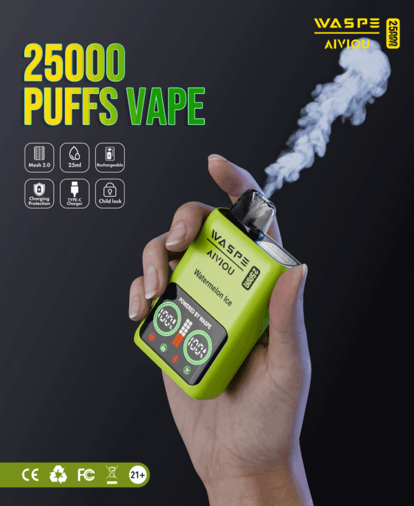 Buy WASPE 25000 Vape | 25K Puffs | Digital Display | 25mL Salt Nic | Dual Mesh Coil | USB-C Fast Charging | Child Lock | 650mAh Battery | 0%-5% Nicotine | Disposable Vape Pen