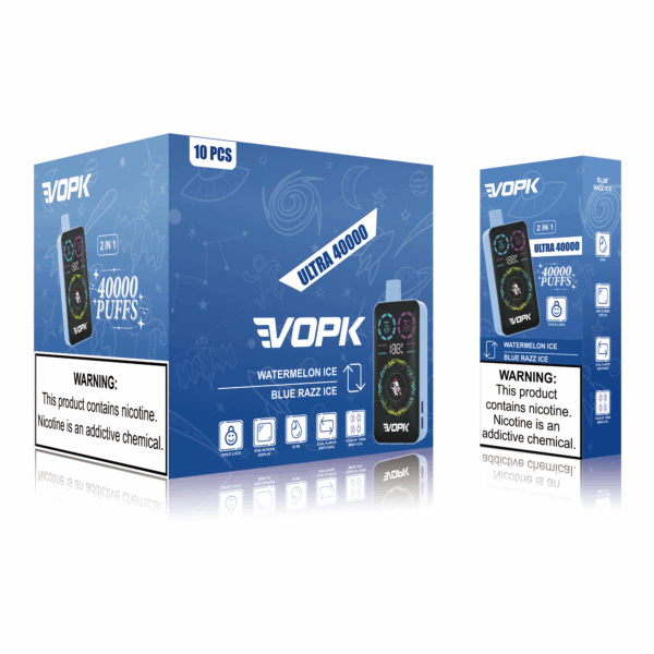 VOPK ULTRA 40000 Disposable Vape | 40,000 Puffs | 36mL E-liquid | 0%-5% Nicotine | 850mAh Battery | Dual Flavor Pods | Adjustable Power Settings | Child Lock Safety | Four Mesh Coils | Dynamic LED Screen Display