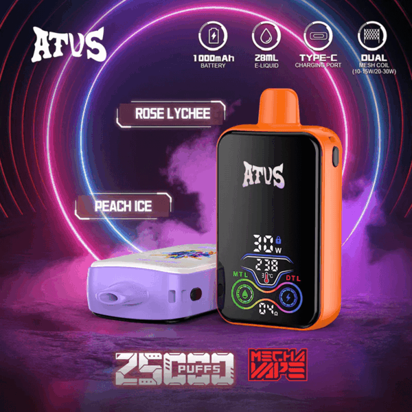 ATVS Vape 25000 Puffs | 2% 5% Nicotine Salt | Dual Mesh Coil | Adjustable 0.4Ω/0.8Ω | Type-C Fast Charge | Big Clouds | Smooth Flavor | Digital Display | 28ml Tank | Long-Lasting Battery | Rechargeable Disposable | Premium Taste | Compact Body | No Leak Design | 1000mAh Battery | DTL MTL Vape | 20 Fruity Flavors | Mesh Technology | Puff Tracker | Reusable Device