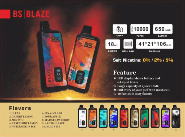 BS BLAZE 10000 | Breze Stiik Disposable Vape | 18ml E-liquid | 10000 Puffs | Mesh Coil 1.2Ω | 650mAh Battery | Type-C Charging | 2% 5% Nicotine