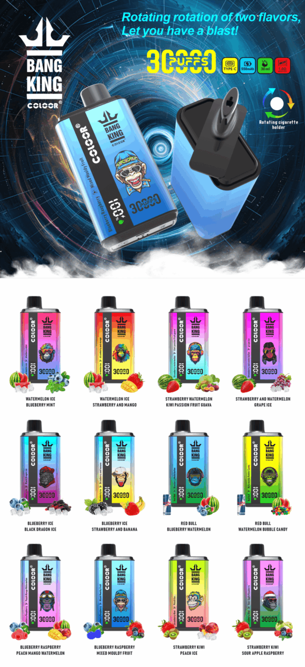 Buy Bang King 30000 Vape | 30K Puffs | Pre-filled 36mL Tank | 0%-5% Nicotine Options | 550mAh Battery | Disposable Vape Pen | 12 Dual Flavor Blends | Type-C Fast Charging | Mesh Coil Technology