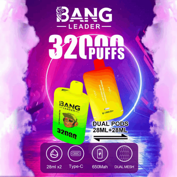 Buy Bang Leader 32000 Vape | 32K Puffs | Pre-filled 56mL Dual Tanks | 0%-5% Nicotine Options | 650mAh Battery | Disposable Vape Pen | 18 Flavor Selections | Type-C Fast Charging | Smooth Mesh Coil Technology