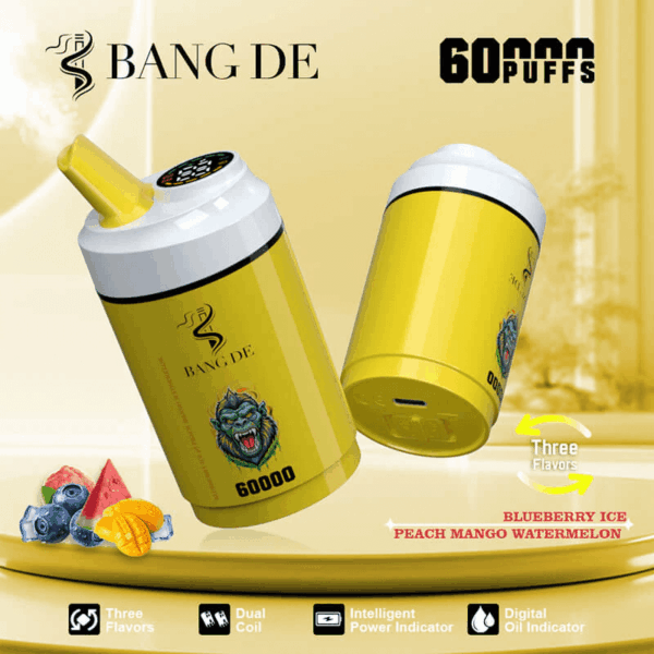Shop Bang de 60k – 60,000 Puff Disposable Vape | 3-in-1 Flavor Vaping | 60mL Salt Nicotine | LCD Screen | 1.0Ω Mesh Coil | 850mAh Rechargeable Battery | Type-C Port | 0%-5% Nicotine | 12 Flavor Options