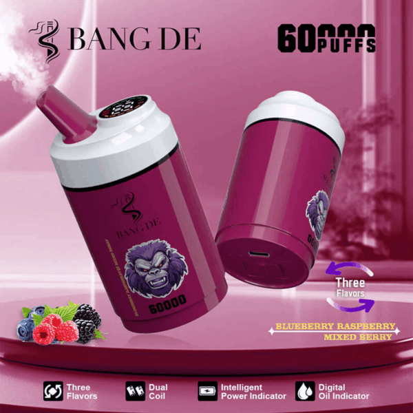 Shop Bang de 60k – 60,000 Puff Disposable Vape | 3-in-1 Flavor Vaping | 60mL Salt Nicotine | LCD Screen | 1.0Ω Mesh Coil | 850mAh Rechargeable Battery | Type-C Port | 0%-5% Nicotine | 12 Flavor Options