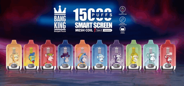 Buy Bang King Smartscreen 15000 Vape | 15K Puffs | Pre-filled 25mL Tank | 0%-5% Nicotine Options | 650mAh Battery | Disposable Vape Pen | 10 Flavor Selections | Type-C Fast Charging | Mesh Coil Technology