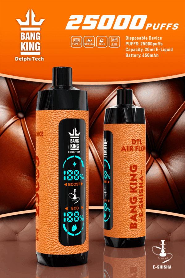 Buy Bang King Shisha 25000 Vape | 25K Puffs | Pre-filled 30mL Tank | 0%-5% Nicotine Options | 650mAh Battery | Disposable Vape Pen | 12 Shisha Flavors | Type-C Fast Charging | OEM Available