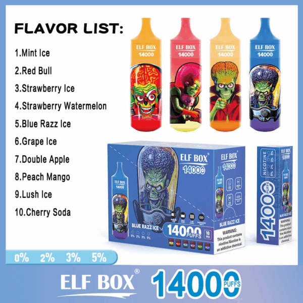 Shop Elf Box 14000 – 14,000 Puff Disposable Vape | 25mL Salt Nicotine | 0%-5% Nic Strength | 1.0Ω Mesh Coil | RGB Light Vape | 600mAh Battery | Type-C Charging | With Lanyard | 10 Flavors