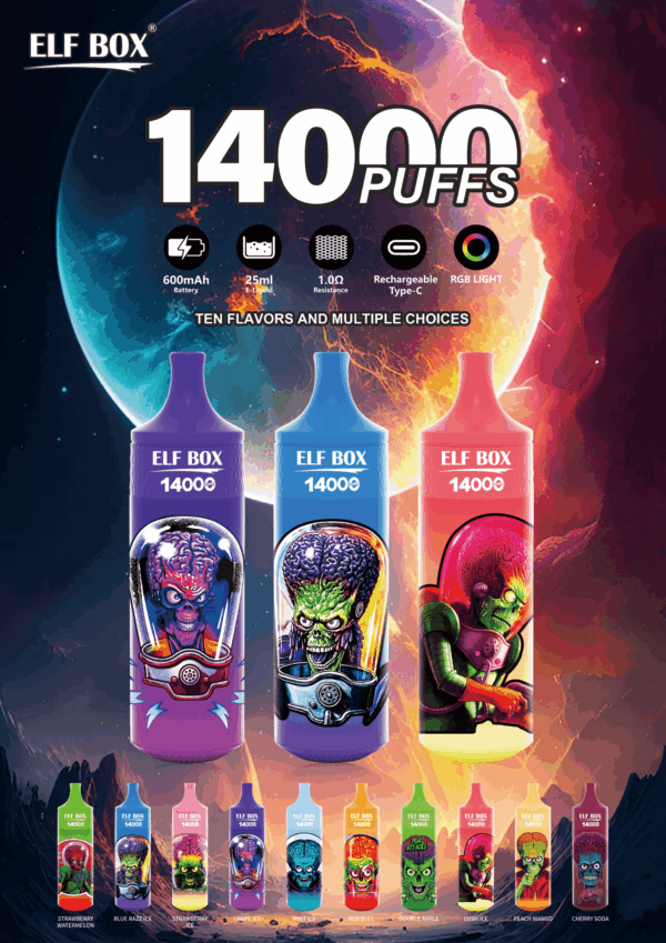 Shop Elf Box 14000 – 14,000 Puff Disposable Vape | 25mL Salt Nicotine | 0%-5% Nic Strength | 1.0Ω Mesh Coil | RGB Light Vape | 600mAh Battery | Type-C Charging | With Lanyard | 10 Flavors
