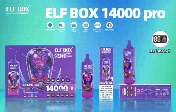 Shop ELF BOX RGB14000 Pro Vape – 14,000 Puff Disposable | LED Display | RGB Glow | 25mL Salt Nicotine | 0%-5% Strength | Mesh Coil 1.0Ω | 18250 600mAh Battery | Type-C Port | 12 Flavors