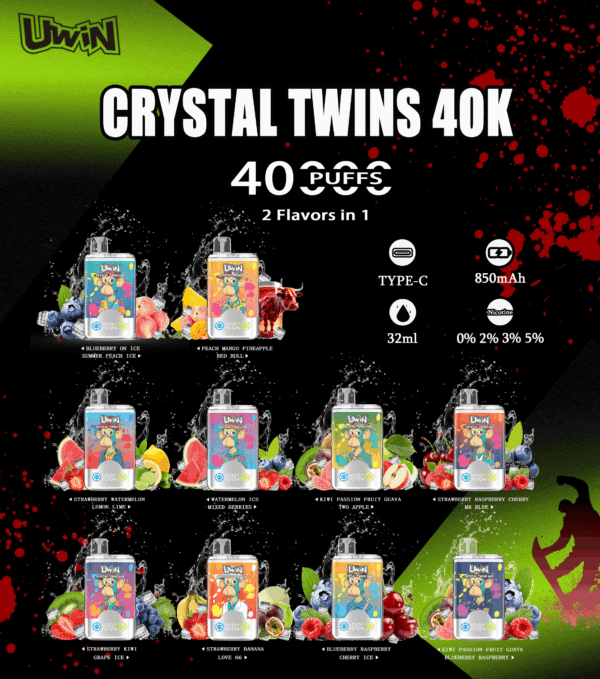Buy Uwin Twins Crystal 40000 Vape | 40,000 Puffs | Dual Mesh Coil | 2% & 5% Nicotine | Type-C Fast Charging | LED Screen | Dual Flavors