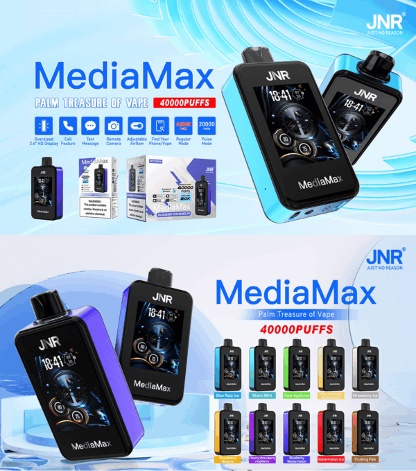 Buy JNR Media Max 40000 Vape | 40K Puffs | 2% Nicotine | Call & Text Messaging | 1000mAh Battery | Dual Mesh Coil | Oversized 2.4” Display | Adjustable Airflow