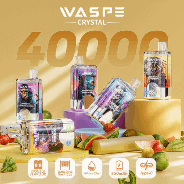 Buy WASPE Crystal 40000 Vape | 40K Puffs | Dual Flavor Vaping | LED Display | Salt Nic 32mL | Type-C Rechargeable | 0.9Ω Mesh Coil | 850mAh Battery | 0% 2% 5% Nicotine | Disposable Vape