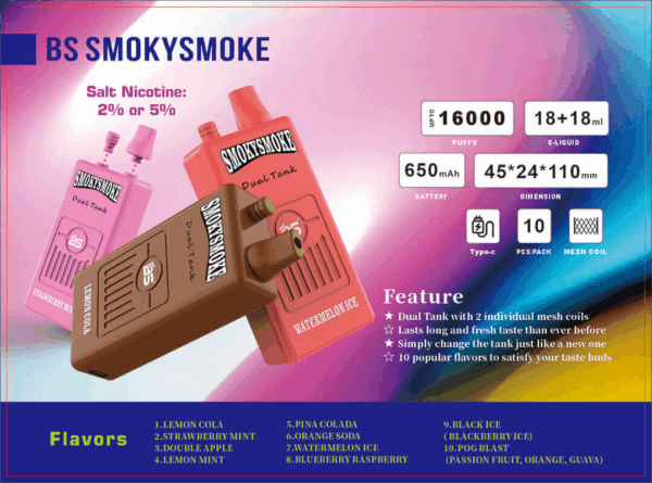 Buy BS SMOKYSMOKE 16000 Disposable Vape – 36mL | 16000 Puffs | Dual Tank | Mesh Coil | 2% 5% Nicotine | Type-C Charging | 22 Flavors
