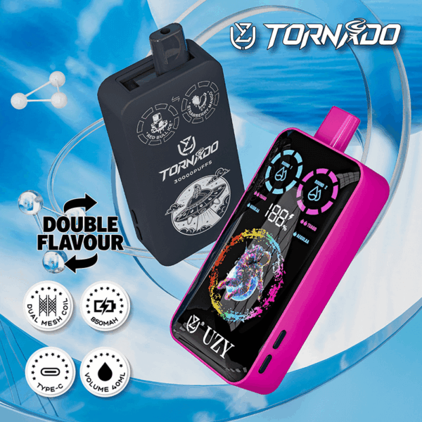 Shop UZY Tornado 30K Dual Flavor Vape – 30,000 Puffs | 40mL E-liquid | 0-5% Nicotine Salt | Type-C Fast Charge | Adjustable Airflow | Dual Mesh Coil | LED Screen Vape | Sleek Disposable Vape Design