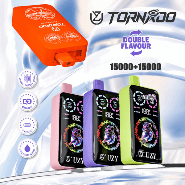 Shop UZY Tornado 30K Dual Flavor Vape – 30,000 Puffs | 40mL E-liquid | 0-5% Nicotine Salt | Type-C Fast Charge | Adjustable Airflow | Dual Mesh Coil | LED Screen Vape | Sleek Disposable Vape Design