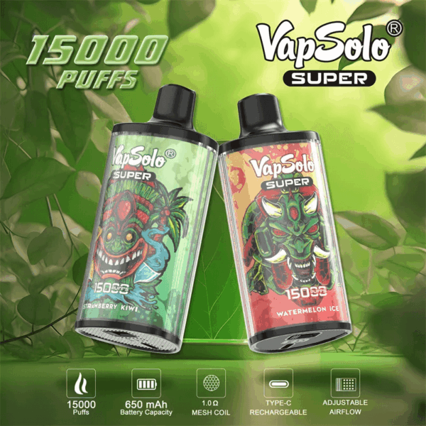 Buy VapSolo Super 15000 Vape | 15K Puffs | Pre-filled 25mL Tank | 2%-5% Nicotine Options | 650mAh Battery | Adjustable Airflow | Mesh Coil | Type-C Fast Charging | Disposable Vape Pen