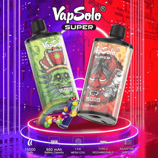 Buy VapSolo Super 15000 Vape | 15K Puffs | Pre-filled 25mL Tank | 2%-5% Nicotine Options | 650mAh Battery | Adjustable Airflow | Mesh Coil | Type-C Fast Charging | Disposable Vape Pen
