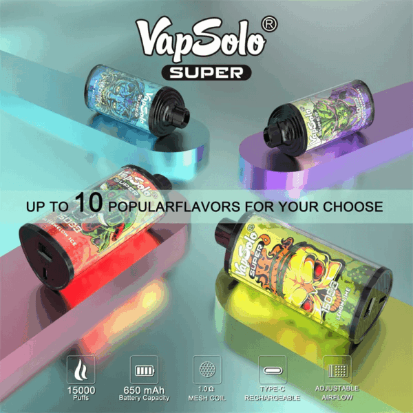 Buy VapSolo Super 15000 Vape | 15K Puffs | Pre-filled 25mL Tank | 2%-5% Nicotine Options | 650mAh Battery | Adjustable Airflow | Mesh Coil | Type-C Fast Charging | Disposable Vape Pen