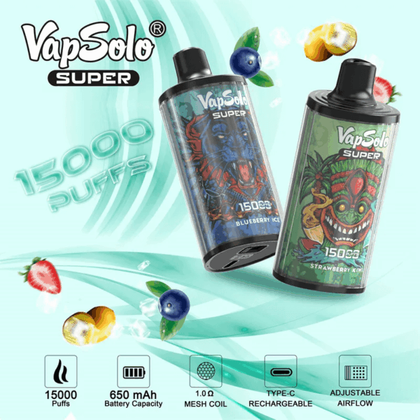 Buy VapSolo Super 15000 Vape | 15K Puffs | Pre-filled 25mL Tank | 2%-5% Nicotine Options | 650mAh Battery | Adjustable Airflow | Mesh Coil | Type-C Fast Charging | Disposable Vape Pen