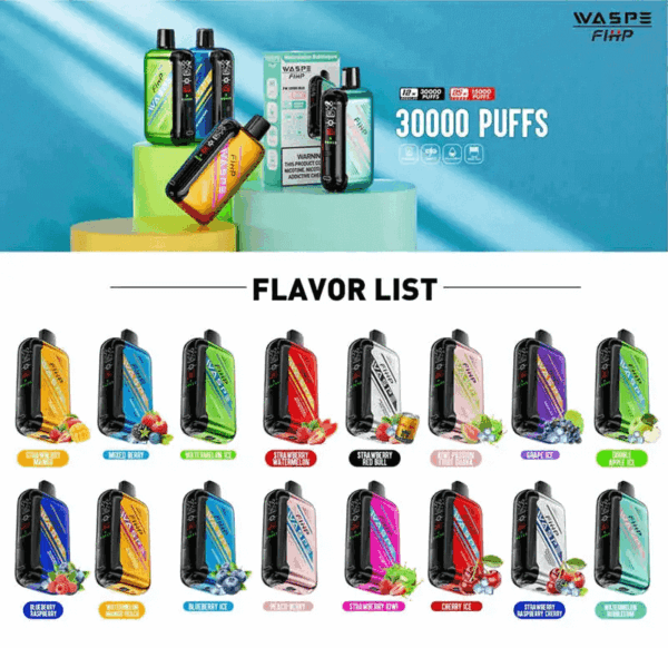 Shop WASPE 30000 – 30,000 Puff Disposable Vape | 28mL E-liquid | Adjustable Airflow | LED Screen Display | Dual Mesh Coils | 0%-5% Nicotine | Type-C Recharge | 16 Flavor Selections