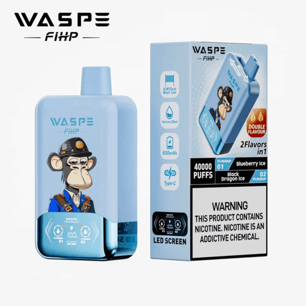 Shop WASPE fihp 40000 – 40,000 Puff Disposable Vape | Dual Flavor Vaping | 36mL Salt Nicotine | LED Display | 0.9Ω Mesh Coil | 850mAh Rechargeable Battery | Type-C Port | 0%-5% Nicotine | 16 Flavors