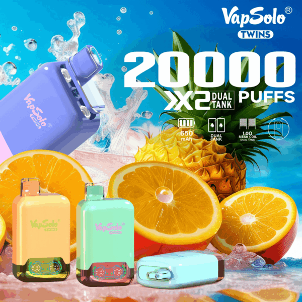 Buy VapSolo Twins 20000 Vape | 20K Puffs | Pre-filled 25mL Tank | 2%-5% Nicotine Options | 650mAh Battery | Dual Flavor Pods | LED Screen | Type-C Fast Charging | Disposable Vape Pen