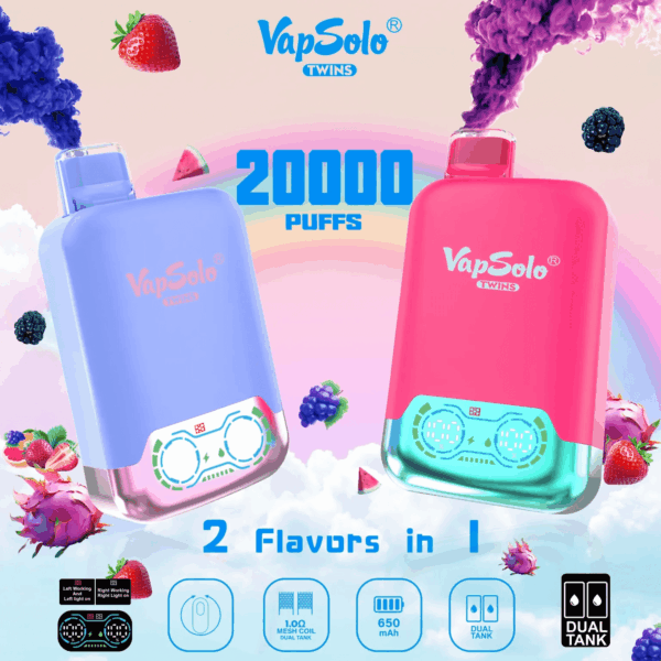 Buy VapSolo Twins 20000 Vape | 20K Puffs | Pre-filled 25mL Tank | 2%-5% Nicotine Options | 650mAh Battery | Dual Flavor Pods | LED Screen | Type-C Fast Charging | Disposable Vape Pen