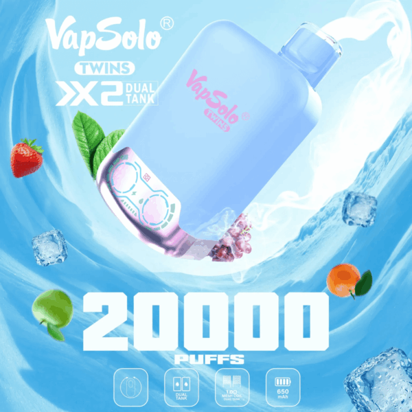 Buy VapSolo Twins 20000 Vape | 20K Puffs | Pre-filled 25mL Tank | 2%-5% Nicotine Options | 650mAh Battery | Dual Flavor Pods | LED Screen | Type-C Fast Charging | Disposable Vape Pen